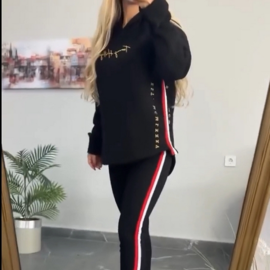 Women's Long-Sleeved Striped Trim Hooded Top&pants