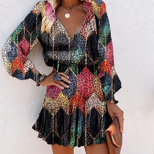 Women's V-Neck Long Sleeve Ruffle Hem Mini Dress