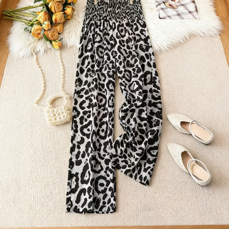 Γυναικείο παντελόνι Leopard Smocked Waist με φαρδύ πόδι