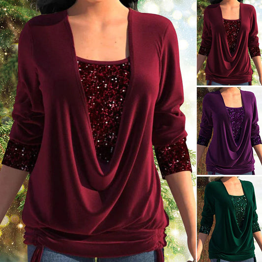💜Sequin Loose Smocked Fake Two-Piece Top
