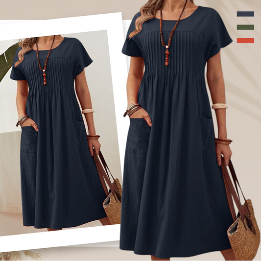 🍂Women’s Pleated Dress with Short Sleeves and Pockets