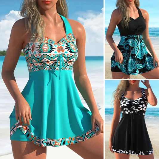 Women's Printed Sleeveless Swimdress with Built-In Shorts