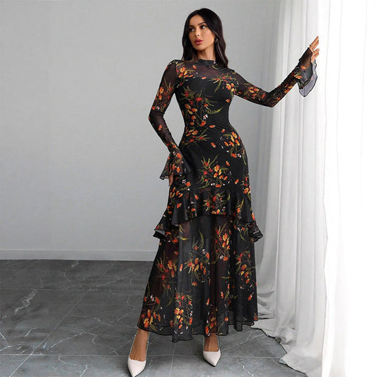 Floral Print Sheer Mesh Ruffle Hem Maxi Dress