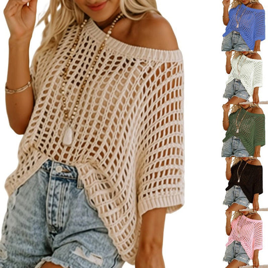Casual 3/4 Sleeve Mesh Knit Top