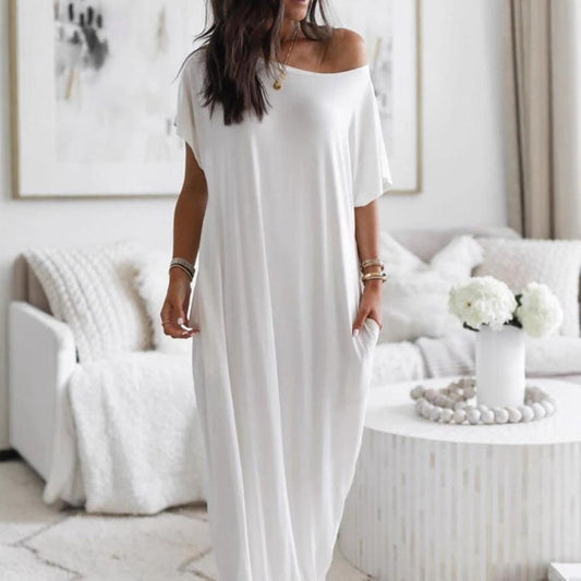 🌸【S-2XL】Women's Summer Casual Loose Solid Color Short-Sleeve Long Dress