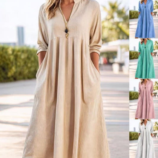 🌸Women's Casual V-Neck Midi Dress with Pockets【S-3XL】
