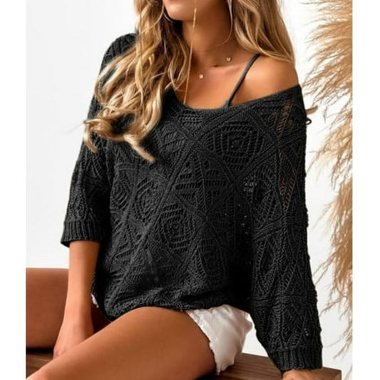 🧶Women's Summer Crochet Openwork 3/4 Sleeve Pullover Knit Top