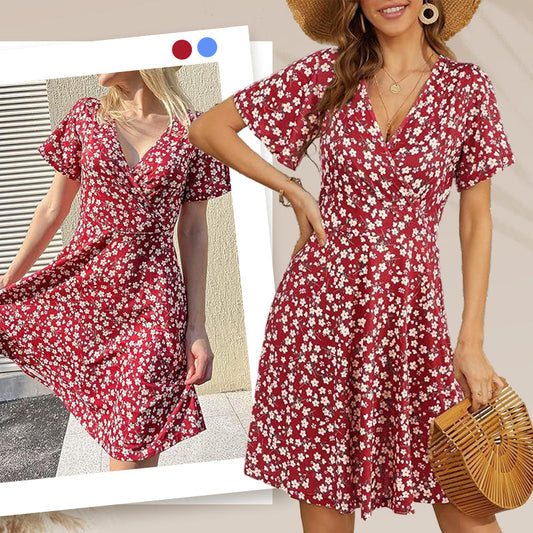🌸Women's Elegant Floral Print V-Neck Short Sleeve Dress