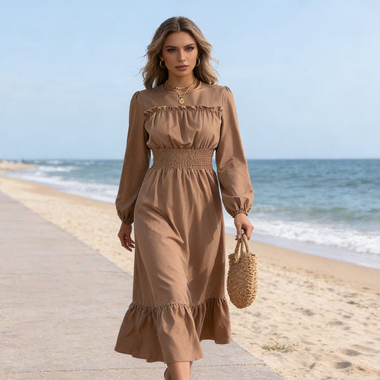 👗Women's Long-Sleeve Smocked Ruffle Maxi Dress