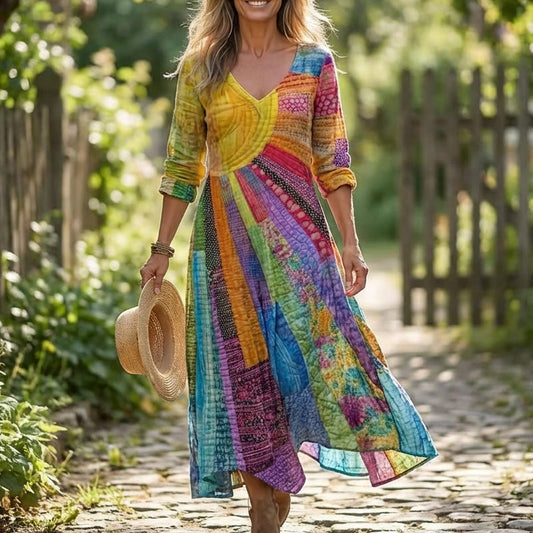 🎀Women's V Neck Patchwork Print Dress
