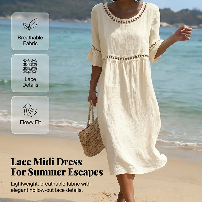 🍃Lace Trim Cotton Linen Midi Dress