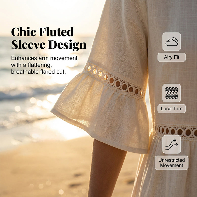 🍃Lace Trim Cotton Linen Midi Dress