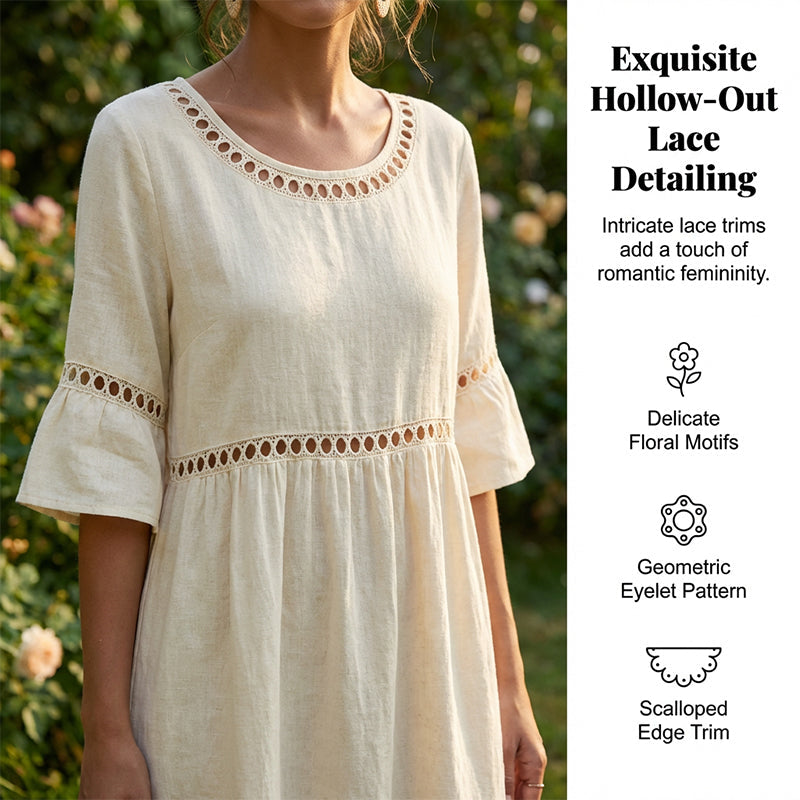 🍃Lace Trim Cotton Linen Midi Dress