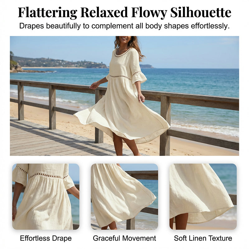 🍃Lace Trim Cotton Linen Midi Dress