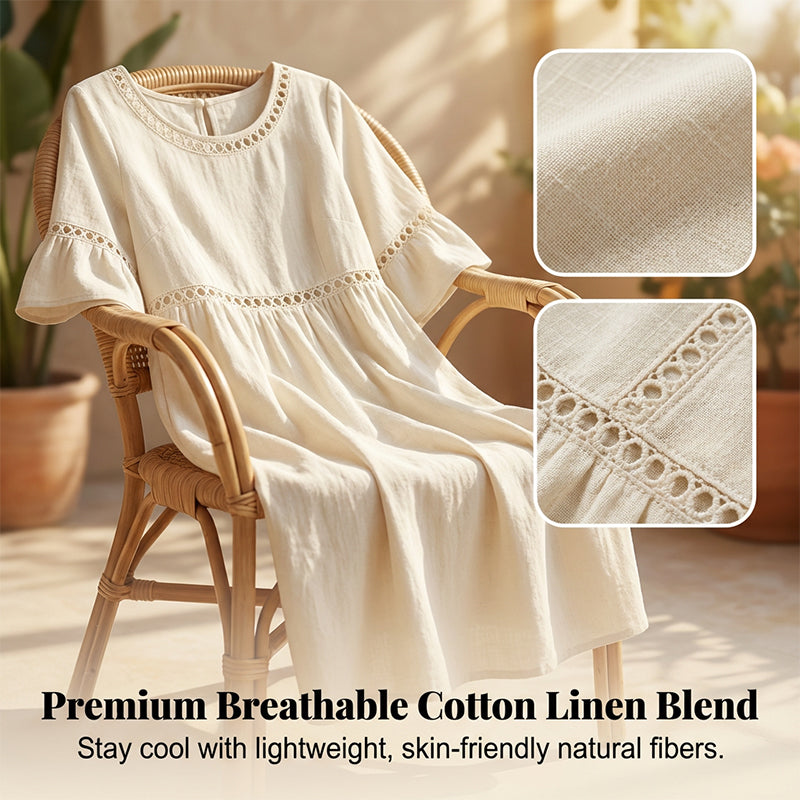 🍃Lace Trim Cotton Linen Midi Dress