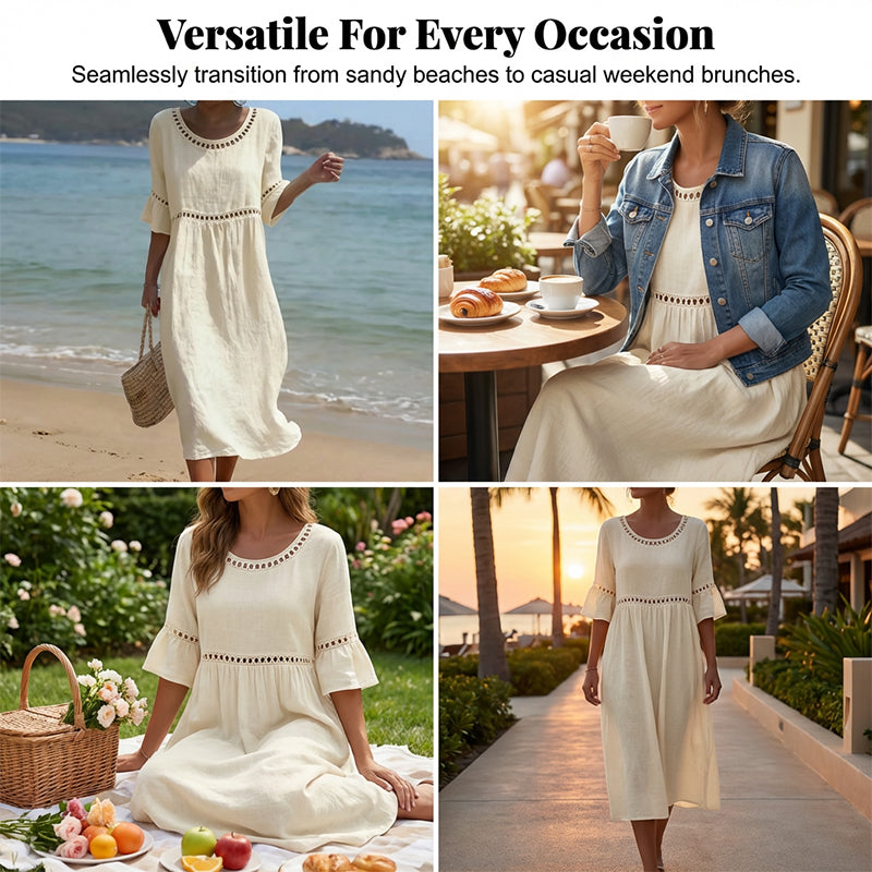 🍃Lace Trim Cotton Linen Midi Dress