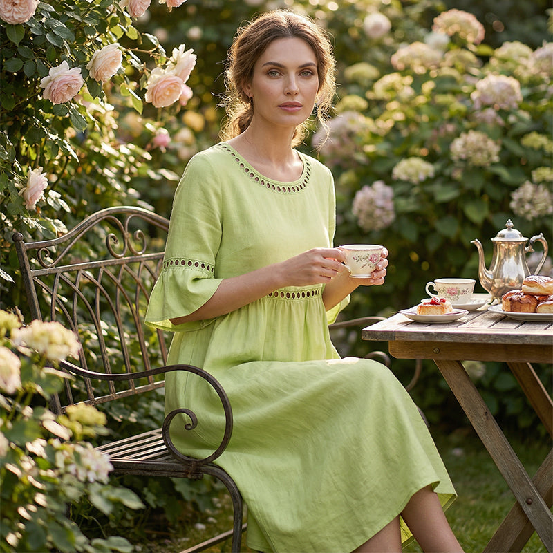 🍃Lace Trim Cotton Linen Midi Dress