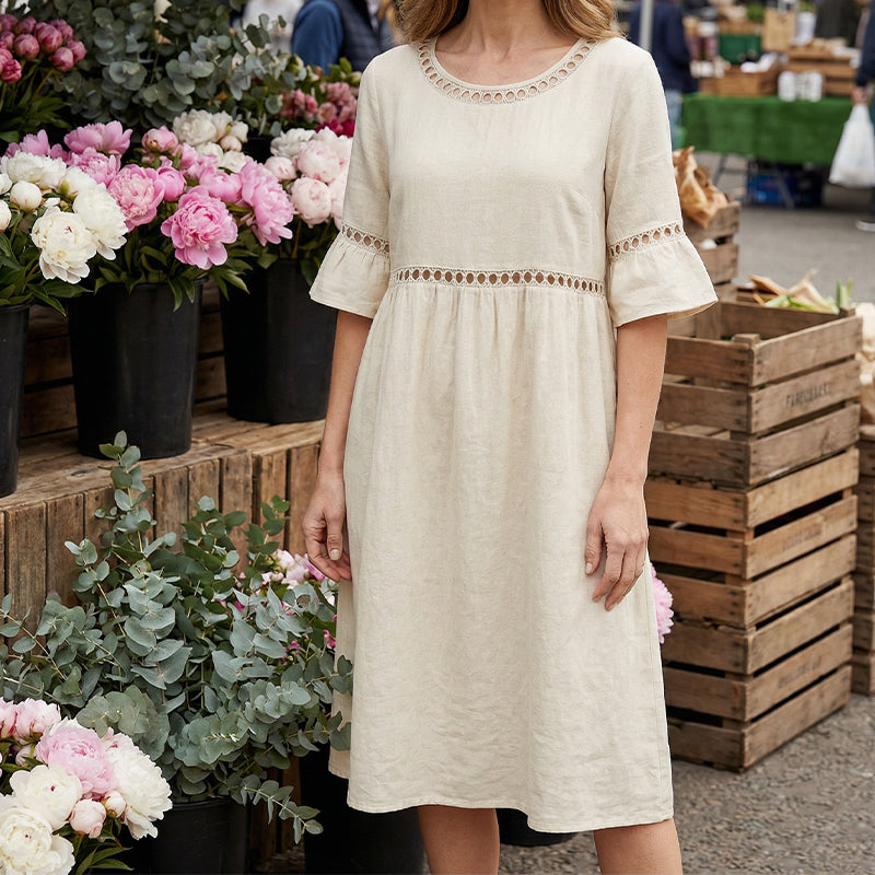 🍃Lace Trim Cotton Linen Midi Dress