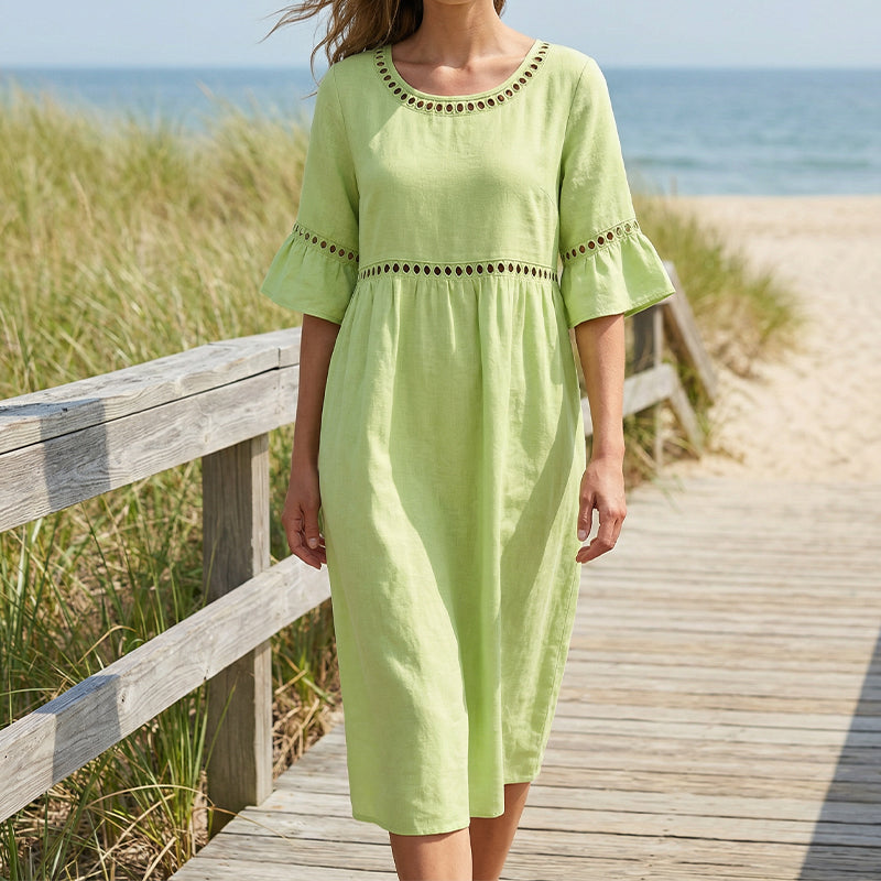 🍃Lace Trim Cotton Linen Midi Dress