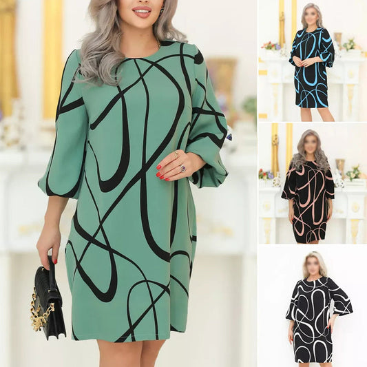 Round Neck 3/4 Sleeve Printed Dress