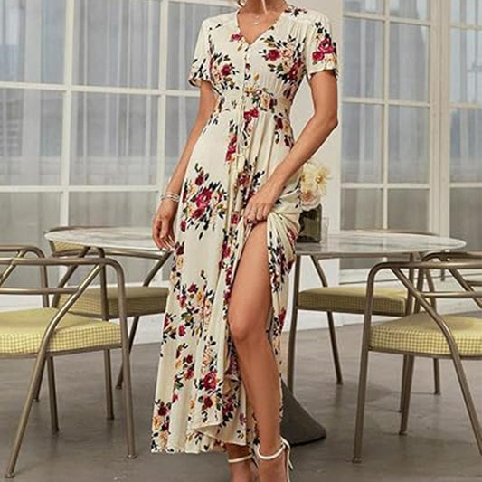 Women's loose-fitting A-line dress with a floral pattern