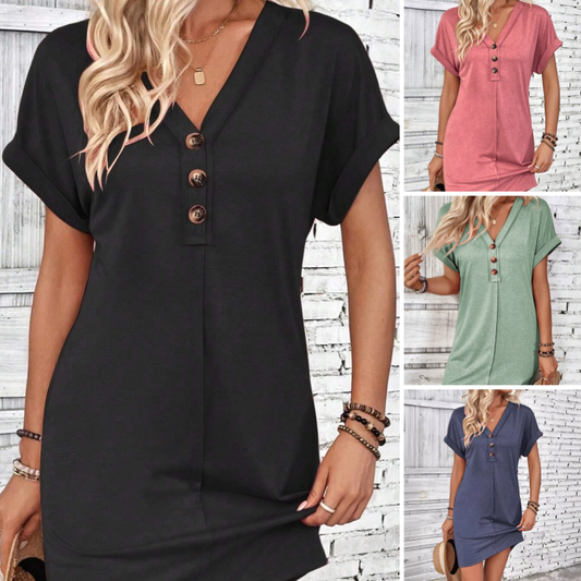 🌸Women's Fashion Hundred Solid Color Button V Neck Roll Sleeve Dresses