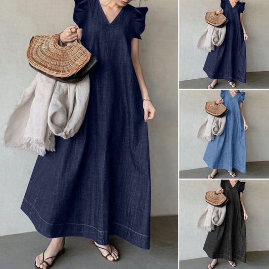 Long denim dress with a V-neck