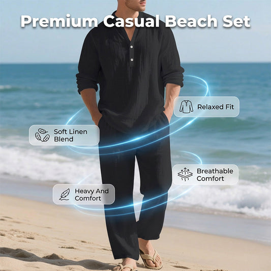 Men's Casual Solid Color V-Neck Shirt & Trousers Set