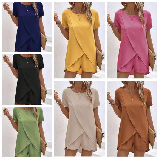 🍃Women's Solid Color Irregular Top & Shorts Two Piece Set