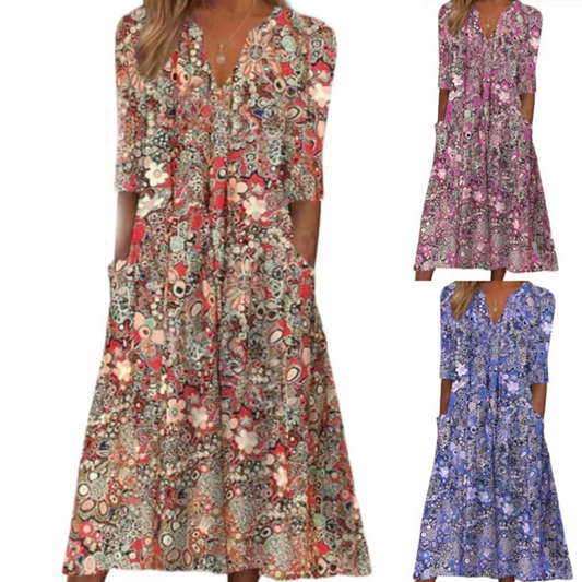 【S-3XL】🍃Women's Casual Floral Print V-Neck Loose Fit Dress