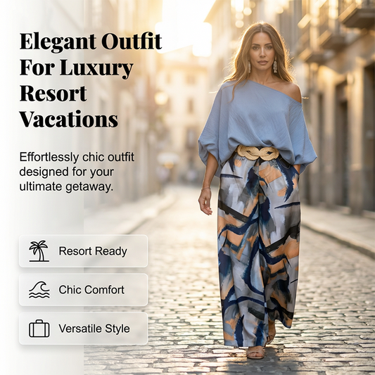 【S-5XL】✨Elegant One-Shoulder Top & Abstract Print Wide-Leg Pants Set