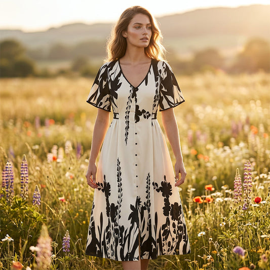【S-5XL】🌸Elegant V-Neck Botanical Print Midi Dress
