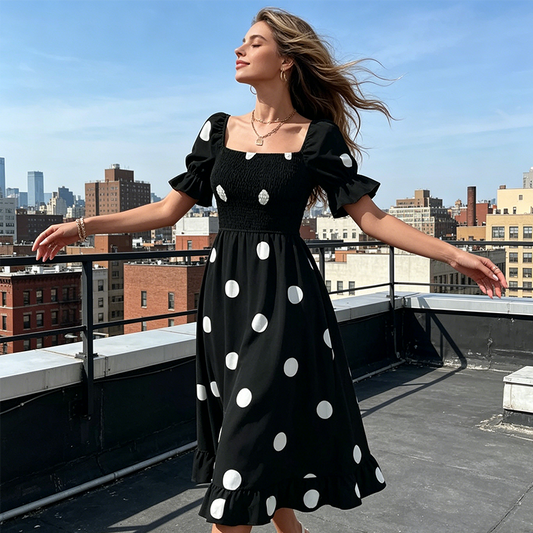 【S-XL】🎈Women's Polka Dot Square Neck Smocked Dress
