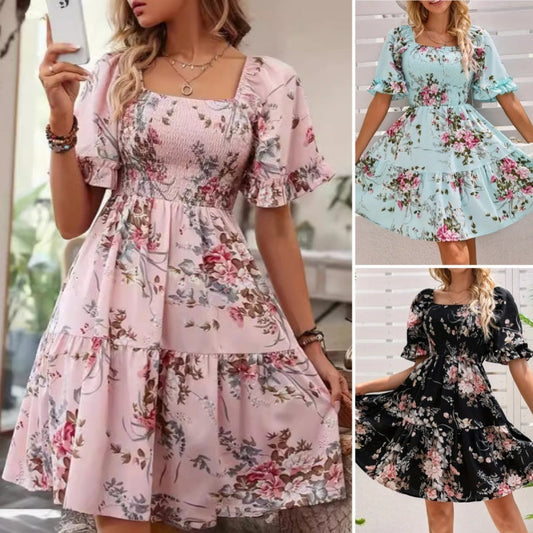 【S-2XL】🎉Women’s Elegant Square Neck Floral Print Smocked Dress
