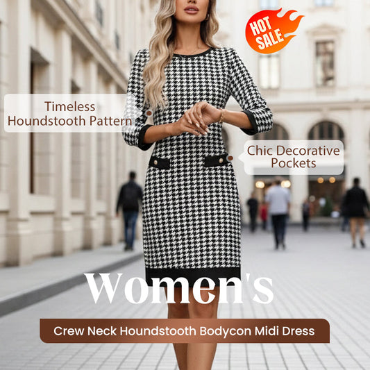 【S-2XL】🎀Women's Crew Neck Houndstooth Bodycon Midi Dress
