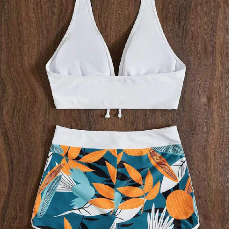 【S-XL】🏊‍♀️Leaf Print Halter V-Neck Two-Piece Swimsuit