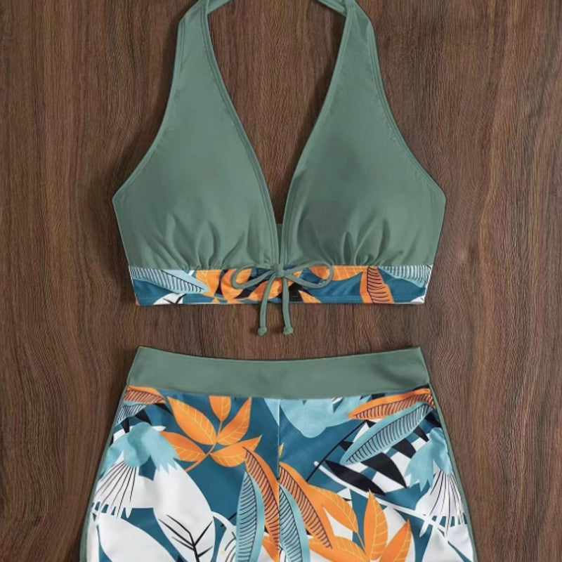 【S-XL】🏊‍♀️Leaf Print Halter V-Neck Two-Piece Swimsuit