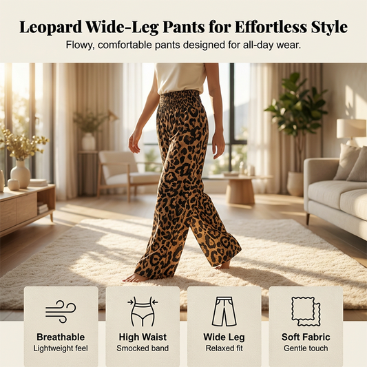 Women's Leopard Smocked Waist Wide-Leg Pants