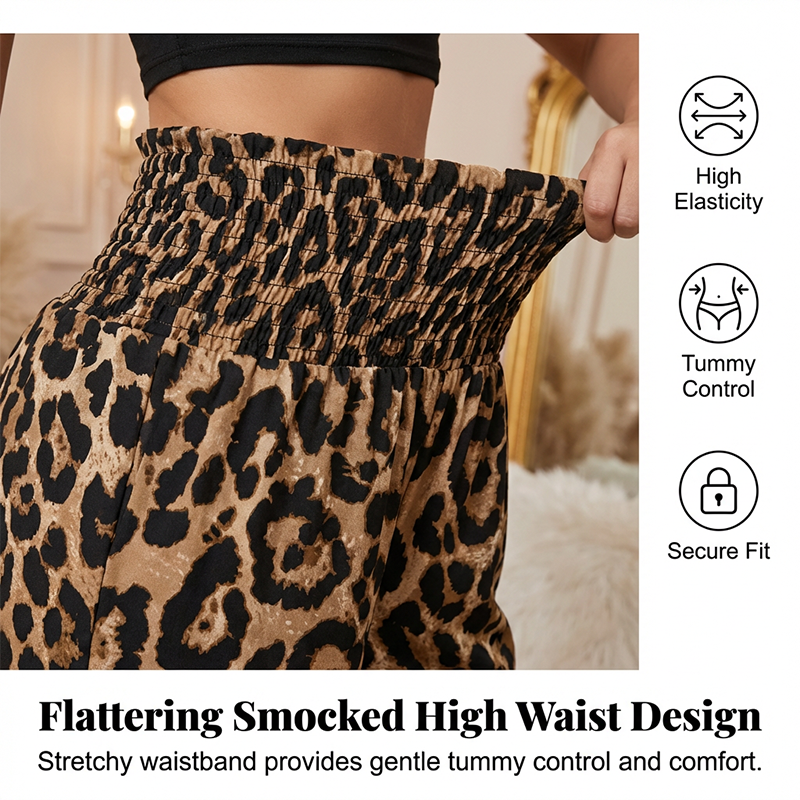 Γυναικείο παντελόνι Leopard Smocked Waist με φαρδύ πόδι