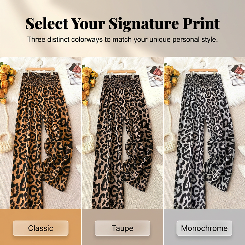 Γυναικείο παντελόνι Leopard Smocked Waist με φαρδύ πόδι