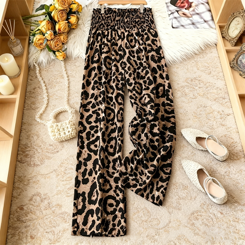 Γυναικείο παντελόνι Leopard Smocked Waist με φαρδύ πόδι