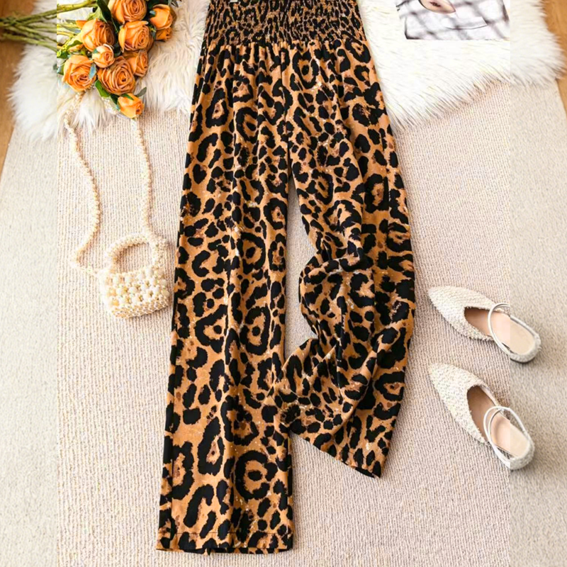 Γυναικείο παντελόνι Leopard Smocked Waist με φαρδύ πόδι