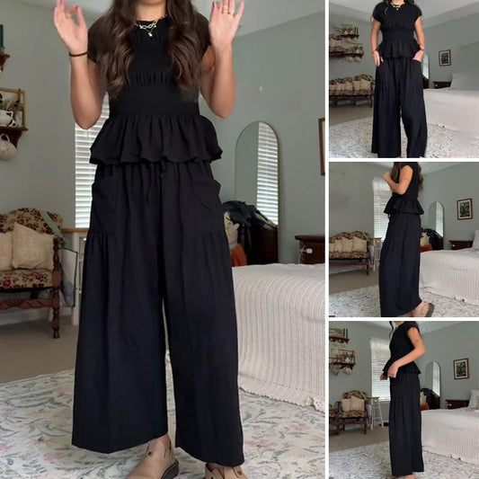 【S-XL】Women’s Pleated Top & Wide-Leg Pants Set