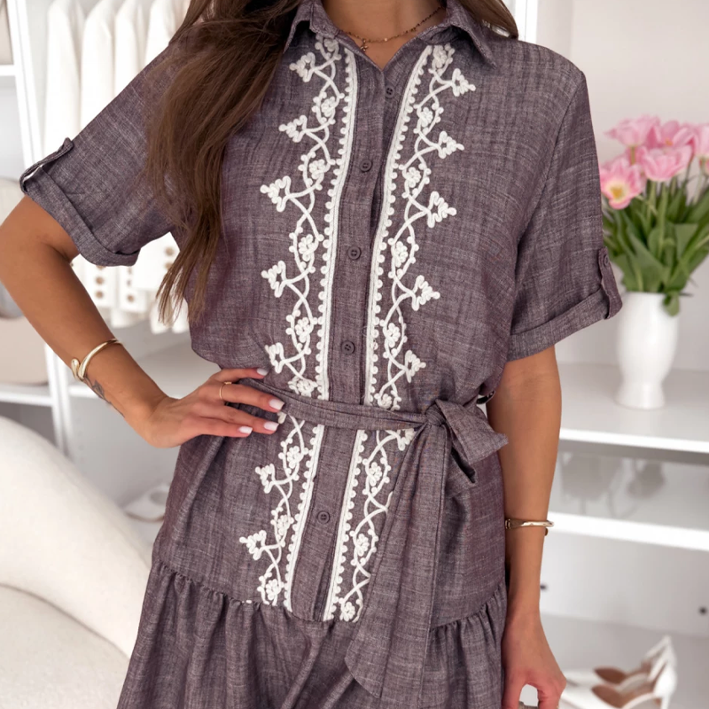 Bohemian Embroidered Tie-Waist Shirt Dress