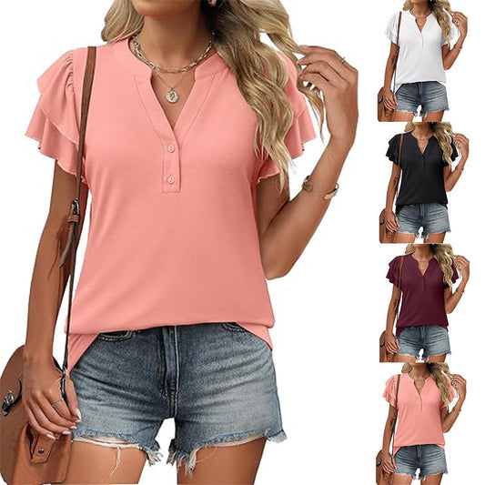 Women's Casual V-Neck Ruffle Short-Sleeved T-Shirt