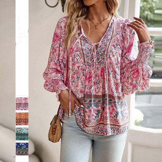 🌸Women's Fashion Printed v-Neck Long Sleeve Shirt
