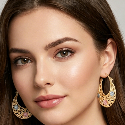 ✨ Shine with elegance – Gold-plated crescent hoop earrings with enamel flowers – Cash on Delivery 💐